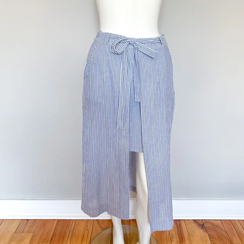 J.O.A. Cotton Blue White Striped Midi High Low Skirt Summer Medium